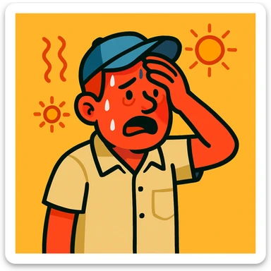 a man with a red face from sun exposure, looking overheated, cartoon style sticker
