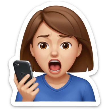 upset girl screaming at her phone, mouth wide open, frustration visible sticker
