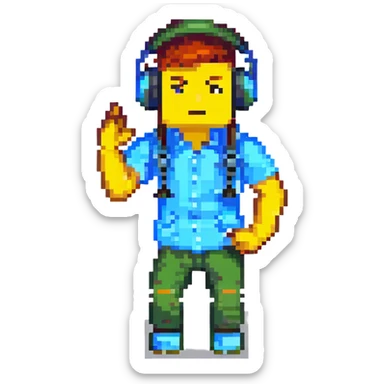 roblox character, blocky avatar, with headphones, energetic stance, white background sticker