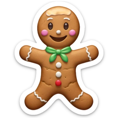 {
    "type": "object",
    "look": "gingerbread man, icing smile, cookie texture, front view",
    "description": "a cheerful gingerbread cookie shaped like a man, smiling with white icing details"
  } sticker