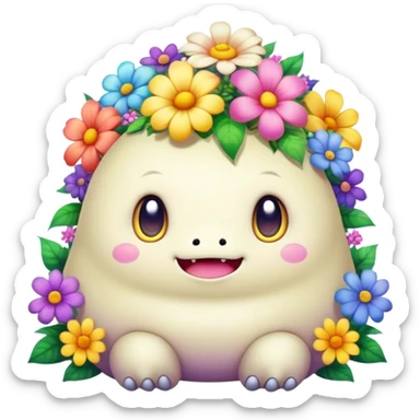 Kawaii derpy fat rainbow monster surrounded by magical flowers, rich textures, visually rich, so lifelike that it feels like it could leap off the page at any moment sticker