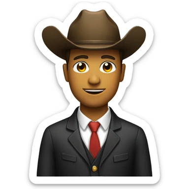Man in a suit with a cowboy hat sticker