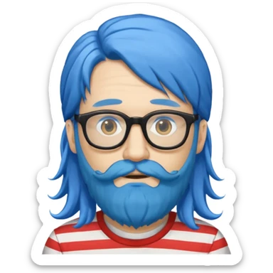 man with long blue hair, glasses, and a long beard and wearing a striped t-shirt sticker