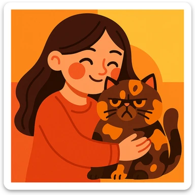 brunette girl snuggling a tortoiseshell Persian cat, cartoon style, warm and affectionate sticker