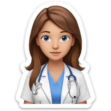 inside a classroom at university that says nursing school on the board with a pretty female nursing student with long brown hair, blue eyes sticker