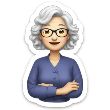 Chinese senior lady wear glasses has wavy long hair show love sign sticker