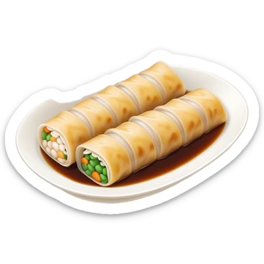 Guangzhou rice noodle roll Cheung Fun with soy sauce, simplified emoji style with bold outlines and bright colors, cartoon style dim sum specialty sticker