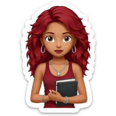 a pretty tan indian bratz girl with messy dark wavyred hair, wearing a dark red tank top, layered silver necklaces. Carrying multiple sketchbooks sticker