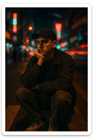 A cinematic night photo of a Southeast Asian man in his early 30s, with a medium tan (sawo matang) skin tone, sitting on the edge of a city sidewalk at night. He is wearing casual streetwear: a dark bomber jacket over a plain oversized T-shirt, loose-fit cargo pants, and worn-in sneakers. A black baseball cap is worn forward, slightly tilted. He sits with one knee up, resting one arm casually across it while the other hand props up his head — his chin resting on his knuckles, as he stares blankly toward the street ahead, deep in thought or zoning out.
The urban background is chaotic and colorful — glowing neon signs, streaks of red and blue light from passing cars, blurred silhouettes of pedestrians. A spiral or radial motion blur effect surrounds the background, emphasizing the stillness of the subject amidst the fast-moving city life.
Cinematic lighting highlights his face softly, with a warm glow on his skin while the surroundings remain moody and dark. The scene has a raw, introspective feel — like a frame from a neo-noir urban film. The ground beneath him is gritty and textured, the crosswalk lines and asphalt adding realism to the scene. sticker