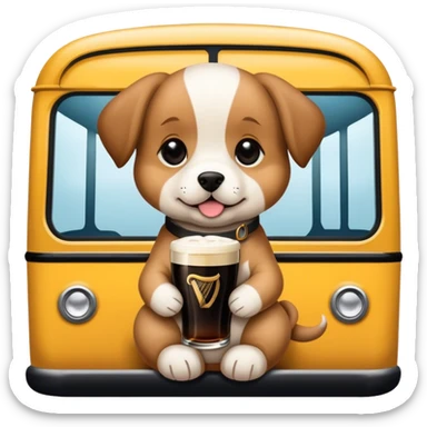 a puppy on a bus drinking a pint of guinness sticker