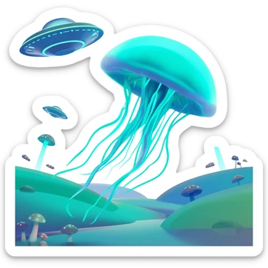 extraterrestrial futuristic otherworldly cyan bioluminescent neon-glowing aesthetic scenery jellyfish flying saucers UFOs mushroom sticker