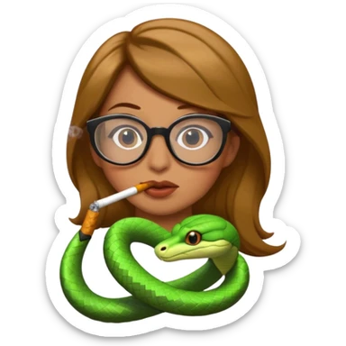 can you create a sneaky bitch SNAKE with big glasses smoking a cigarrette - with light brown hair, green snake, with hands on her chin as if she's innocent but with a bitchy look in her eyes and cigarrette in the mouth sticker