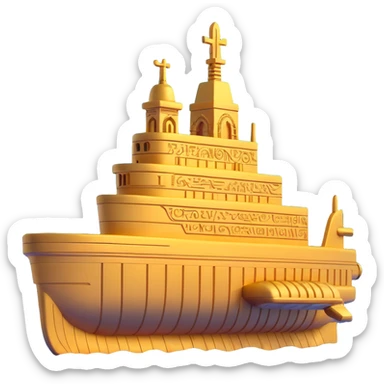 underwater ancient Anunnaki golden submarine, ziggurat-shaped towers on hull, cuneiform, ornate carvings sticker