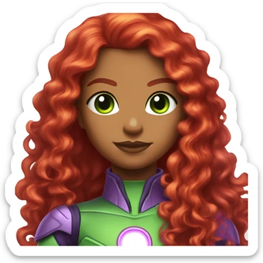 dc comics starfire glowing green eyes red curly long hair, purple and silver spacesuit with no helmet no green  sticker