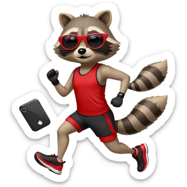 friendly anthropomorphised raccoon in sports wear, wearing dark sunglasses, jogging upright in standard pose sticker