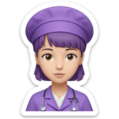 A young female slim nurse with short Brown hair with fringe over her forehead, wearing larvendar purple working cloth only no cap on her hair sticker