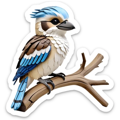 cinematic-kookaburra-realistic-full-body-perched-emoji,-compact-sturdy-frame-balanced-on-a-weathered-branch,-blue-and-white-feathered-wings-folded-neatly,-bold-striped-face-with-a-mischievous-glint-in-its-eye,-massive-sharp-beak-slightly-open-as-if-ready-to-laugh,-simplified-yet-realistic-focused-features,-highly-detailed,-glowing-with-a-warm-golden-light sticker