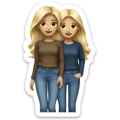 Two girls with jeans and pullover blonde and brown sticker
