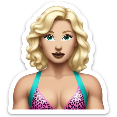 Tall blonde Caucasian muscular woman wrestler with teal eye shadow and big lips wearing a pink leopard print leotard blowing a kiss sticker