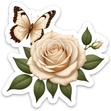 A bouquet of white Ascott tea roses next to a beige aesthetic vintage style leaf and a brown beautiful butterfly sticker