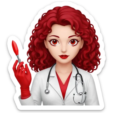 Lilith scalpel in hand, evil surgeon red outfit.  She has red eyes. She has dark brown long curly hair. Wears sexy doctor outfit with red gloves sticker