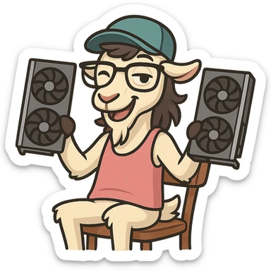 goat for Telegram stickers inspired by reference https://attic.sh/feoducyurkpqwz0la088soao98sx: wearing a cap, glasses, mullet hairstyle, pink drunkard tank top, sitting on a chair, holding a large video card in each hand at shoulder level, winking, pose like in the photo, clean lines, soft gradients. transparent background sticker