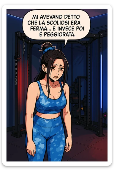 fai questa immagine in versione fumetto/manga/webtoon a colori, il manga mostra la donna disperata con un fumetto sulla testa che dice:
Mi avevano detto che la scoliosi era ferma… e invece poi è peggiorata.
 sticker