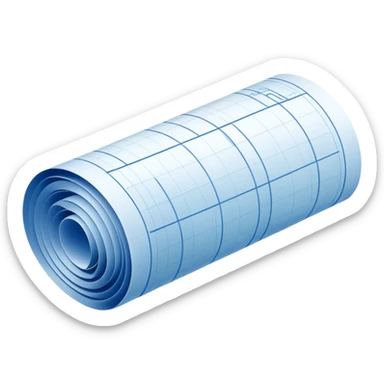 blue blueprint plan with white lines, one slightly rolled up corner, side view sticker