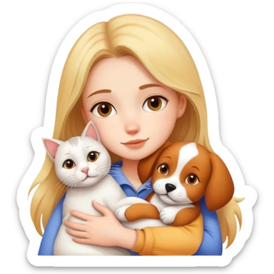Beautiful girl hugs a cat and a dog tightly sticker
