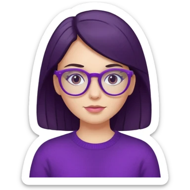 white girl with dark hair wearing purple sweater and purple glasses, portrait sticker
