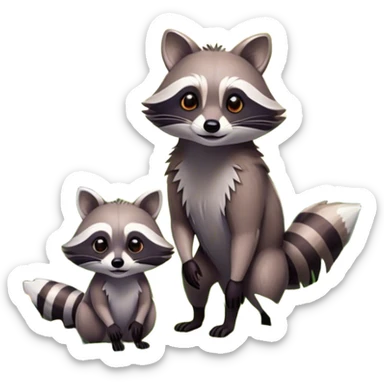Collage of a raccoon and a fox, in close-up, set in a beautiful forest with tall trees, green bushes, and sunlight filtering through the leaves and flowers. A vibrant, wild atmosphere with a transparent background. sticker