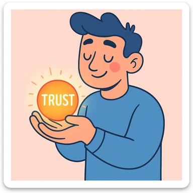 a man holding a glowing orb labeled 'trust', soft, pastel cartoon style sticker
