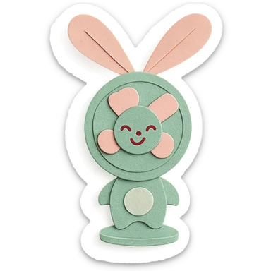 cute electric fan bunny spinning its ears like blades, cheerful face, pastel green, full-body sticker