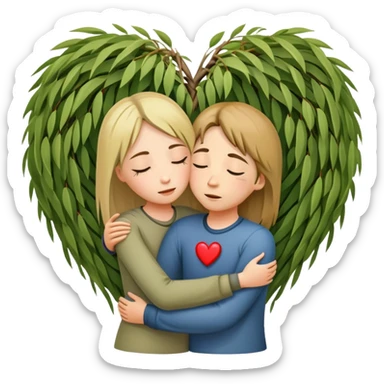 heart-shaped weeping willow tree surrounding two friends hugging in a comforting way, supportive embrace, with small heart symbol sticker