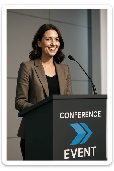 a female speaker at an event standing at a podium, modern conference, wearing a blazer, smiling, event branding on podium sticker