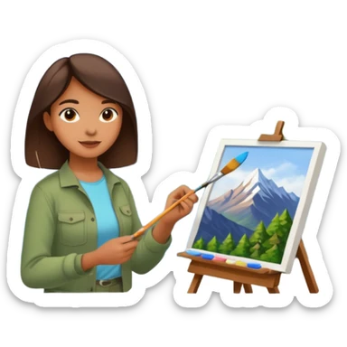 Female artist painting a beautiful mountain peak destination on canvas sticker