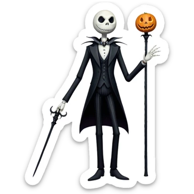 Full body view Cinematic 3D ultra realistic 32K HD image of Jack skellington, stunning detail as though captured in a timeless photograph, rich textures, visually rich, so lifelike that it feels like it could leap off the page at any moment sticker