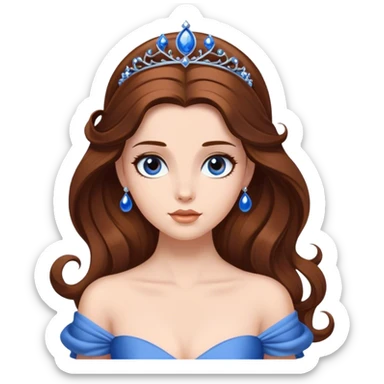 Cinematic Elegant Belle Portrait Emoji, rendered in a realistic, vector-style with minimal shading and bold, simplified shapes. Depict Belle (chest and above) with fair, luminous skin, deep brown expressive eyes, and long, flowing chestnut hair styled elegantly, wearing her classic blue ball gown. The image glows with a soft, warm radiance and high shine, capturing timeless refined beauty. sticker