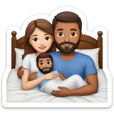 brown man cuddling white brunette woman in bed  sticker