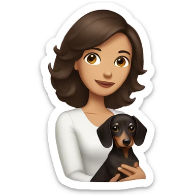 A woman with shoulder length dark brown hair holding a dachshund  sticker
