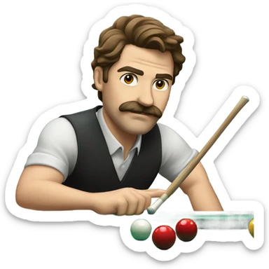 A man with brown hair and a mustache playing pool sticker