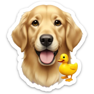 a golden retriever with a yellow duck toy in its mouth sticker