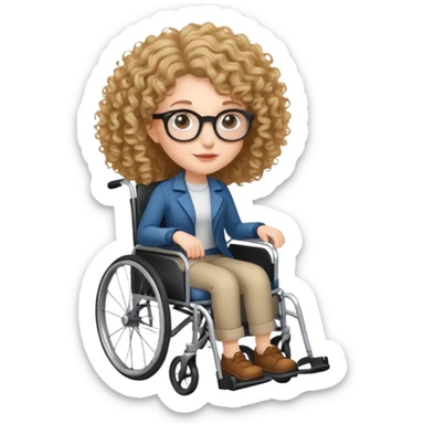 White woman with curly hair and glasses in a wheelchair. sticker