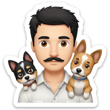 Light ski Young man, messy black hair, moustache, white shirt, dog sticker