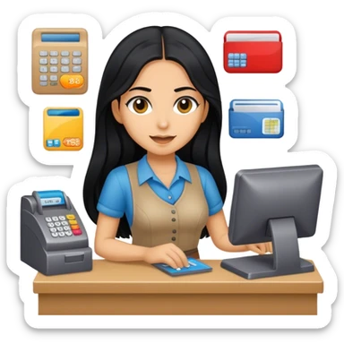 perempuan dengan rambut hitam panjang sedang bekerja sebagai kasir  sticker