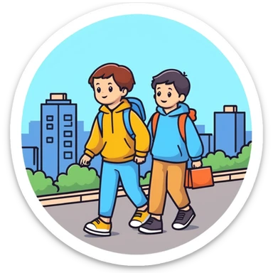 Sister and brother walking in a busy city sticker