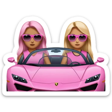 Add sunglasses Make car far away so I can see full car Car facing forward in sports car. Make hair long  two girls in car far away Front of car sitting in the seats. Make it a pink sports car. They are two baddies make it a Lamborghini pink car  sticker