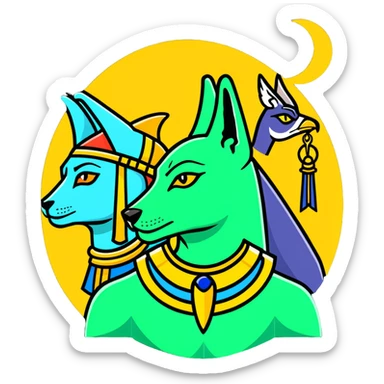 Egyptian gods Osiris with green skin and Atef crown, Khonsu with falcon head and moon symbol, and Anubis with jackal head standing together sticker