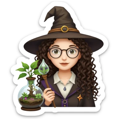 A long curly haired brunette girl with a witch hat, round white glasses, and a plant wand or plant potion terrarium sticker