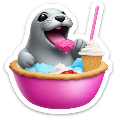 a big fat seal eating a blue and hot pink snocone with pizza on top and sitting in a bowl of fro yo sticker